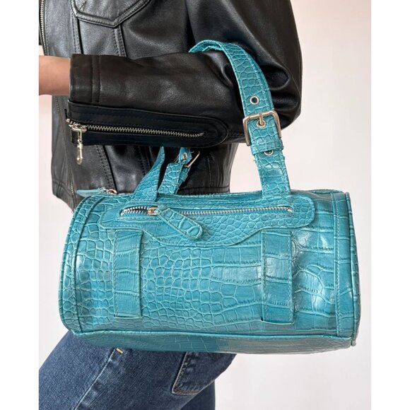 Turquoise Blue Y2K Snakeskin Embossed Vegan Leather Barrel Bag - Picture 3 of 13